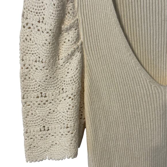 Boston Proper Ribbed Crochet Lace Sleeve V Neck White Sweater Top size Medium - Picture 4 of 7